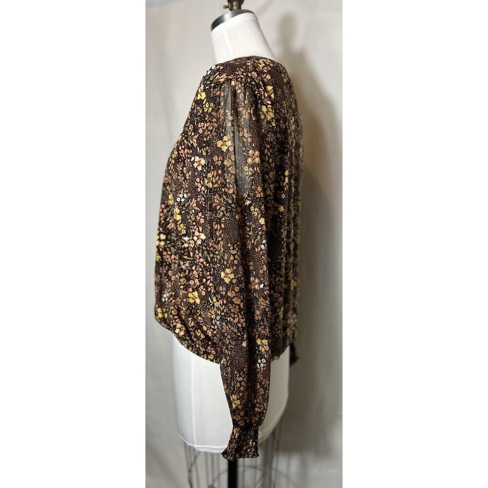Cure Floral Blouse long sheer sleeves with gold threads sz large elastic bottom - Picture 6 of 16
